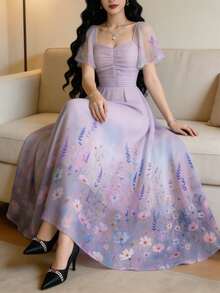 Modelyn 薰衣草色夏季優雅度假茶會碎花女款長洋裝，方領飄逸袖流暢長裙，適合度假、日常穿著、假日 - 彩色 - 查看 3