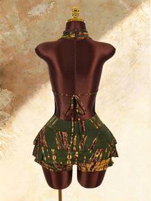 Amplova Mono de mujer con detalle de espalda descubierta, volantes en capas y bajo con volantes - Verde militar - Ver 11