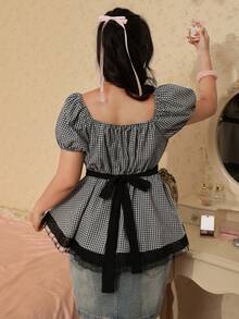 CovetEZ Spring/Summer New Black & White Plaid Contrast Ruffle Hem Casual Plus Size T-Shirt - Black and White - View 2