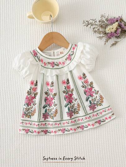 Cozy Pixies Newborn Baby Girl Floral Print Round Neck Petal Sleeve Cinched Waist Dress