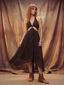 SHEIN Unity Women's Lace Cutout Backless Dress - Brown - View 1