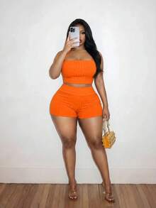 Slaydiva Women's Plus Size Two Pieces Set, Summer Orange Smart Casual Sexy Beach Vacation Rave Party Gym Strapless Tank Top High-Waisted Cycling Shorts, Sporty - Orange - View 9