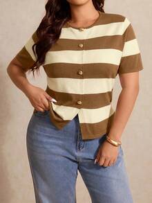 Elaquor Plus Size Women Striped Short Sleeve Single-Breasted Knit Cardigan - Multicolor - View 5