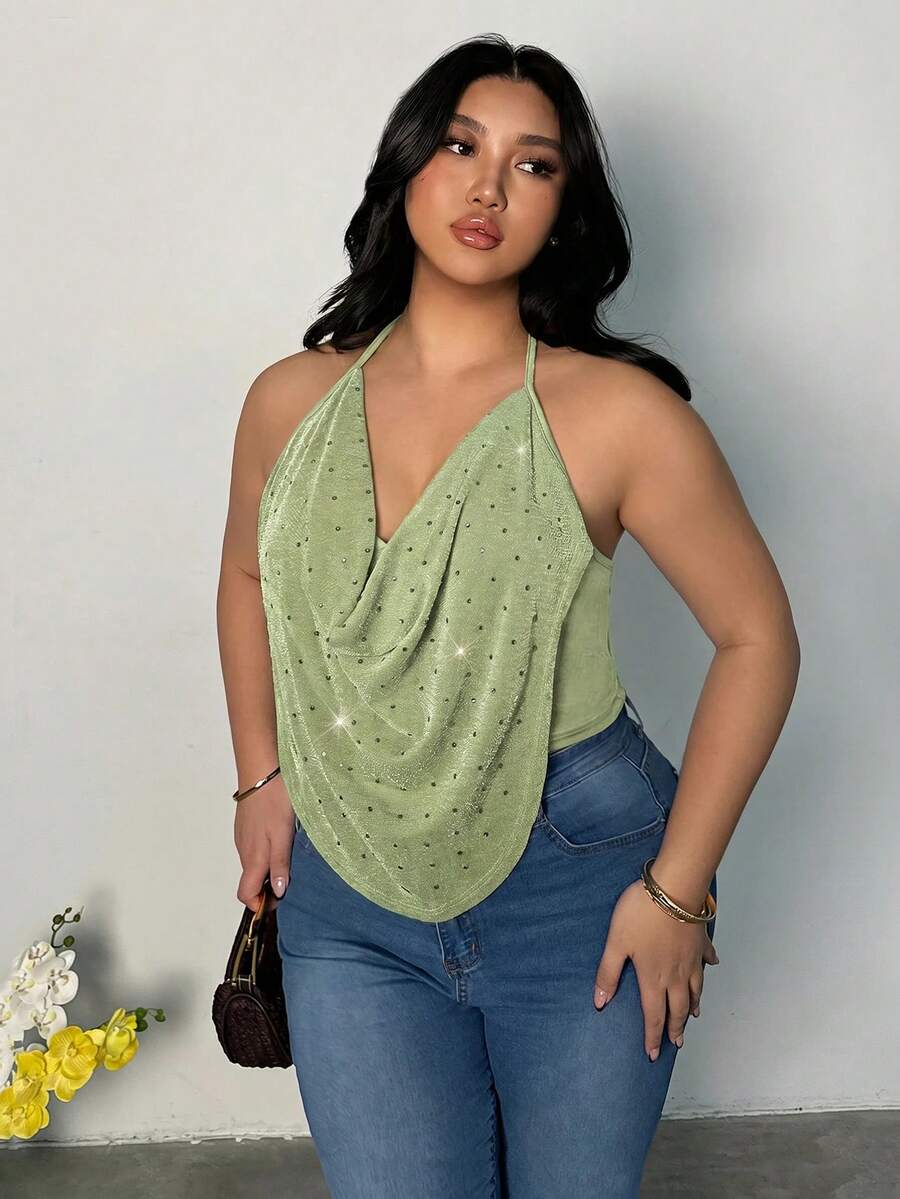 Firerie Plus Size Sexy Sequin Decor Backless Halter Neck Top, Summer