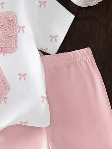Summer Baby Girl Casual Multi-Piece Set, Brown & Apricot Leopard Print Cartoon Rabbit Pattern, Round Neck Short Sleeve T-Shirt & Shorts - Multicolor - View 6