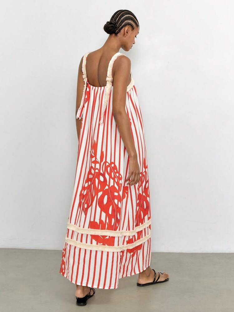 SHEIN Maija White And Red Dress For Women, Loose Fit Sleeveless Adjustable Strap, Comfortable Holiday Beach Holiday Vacation Casual Boho Summer,Dresses For Women Summer