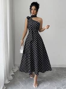Elenzga Women's Elegant Casual Black & White Polka Dot Sleeveless Bodycon Dress With Rose Decor Asymmetric Collar, Suitable For Spring/Summer - Black and White - View 4
