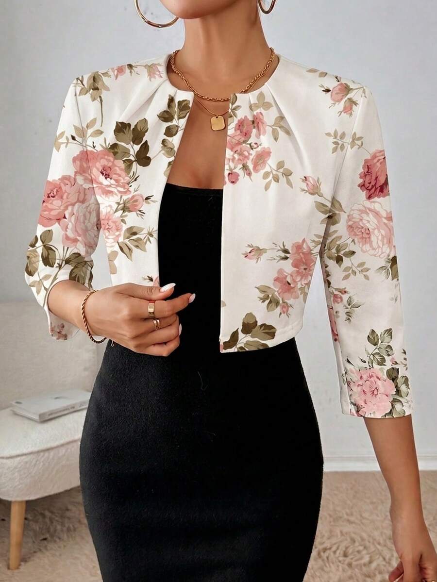 SHEIN Essnce 女士休闲通勤印花开襟夹克,通勤夹克,女士休闲服装 - 彩色 - 查看 1