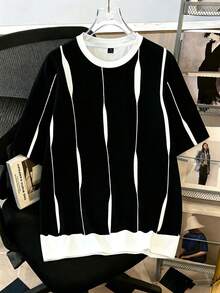 Daypath Men Plus Size Contrast Striped Print Fashionable Summer Casual Sportswear Tee, Holiday - Black and White - View 4