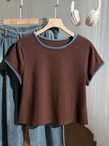 Comfortcana Áo thun nữ cỡ lớn phong cách thường ngày mùa xuân/hè, cổ áo phối màu tương phản, chất liệu cotton nguyên chất, màu cappuccino đa năng. - màu nâu - Xem 4