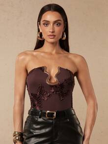 Silquee Women's Stylish And Sexy Brown Embroidered Floral Strapless Bodysuit With Metal Decorative Buckles, Suitable For Work, Everyday Wear, Parties, And Dat - Brown - View 6