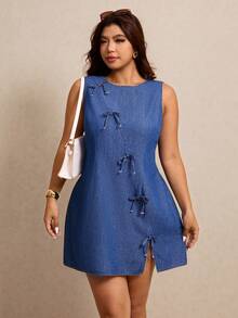 Elaquor Đầm denim không tay dáng rộng mùa hè, kiểu dáng thường ngày, có nơ trang trí. - Màu xanh lam - Xem 7