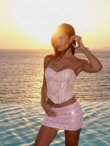 Aloruh Women's Pink Sequin Strapless Crop Top, Sparkly Glitter Tube Top, Sexy Tie-Up Backless Bandeau, Y2K Coquette Glam Style, Night Out Clubwear Concert Birthday Party, Date Vacation Music Festival, Summer Going Out Top - Pink - View 5