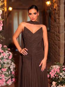 Glamrae Elegant, , Fashionable Elastic Mesh Handmade Ruched A-Line Dress, Suitable For Party, Wedding Guest, Pink Formal Evening Gown - Coffee Brown - View 7