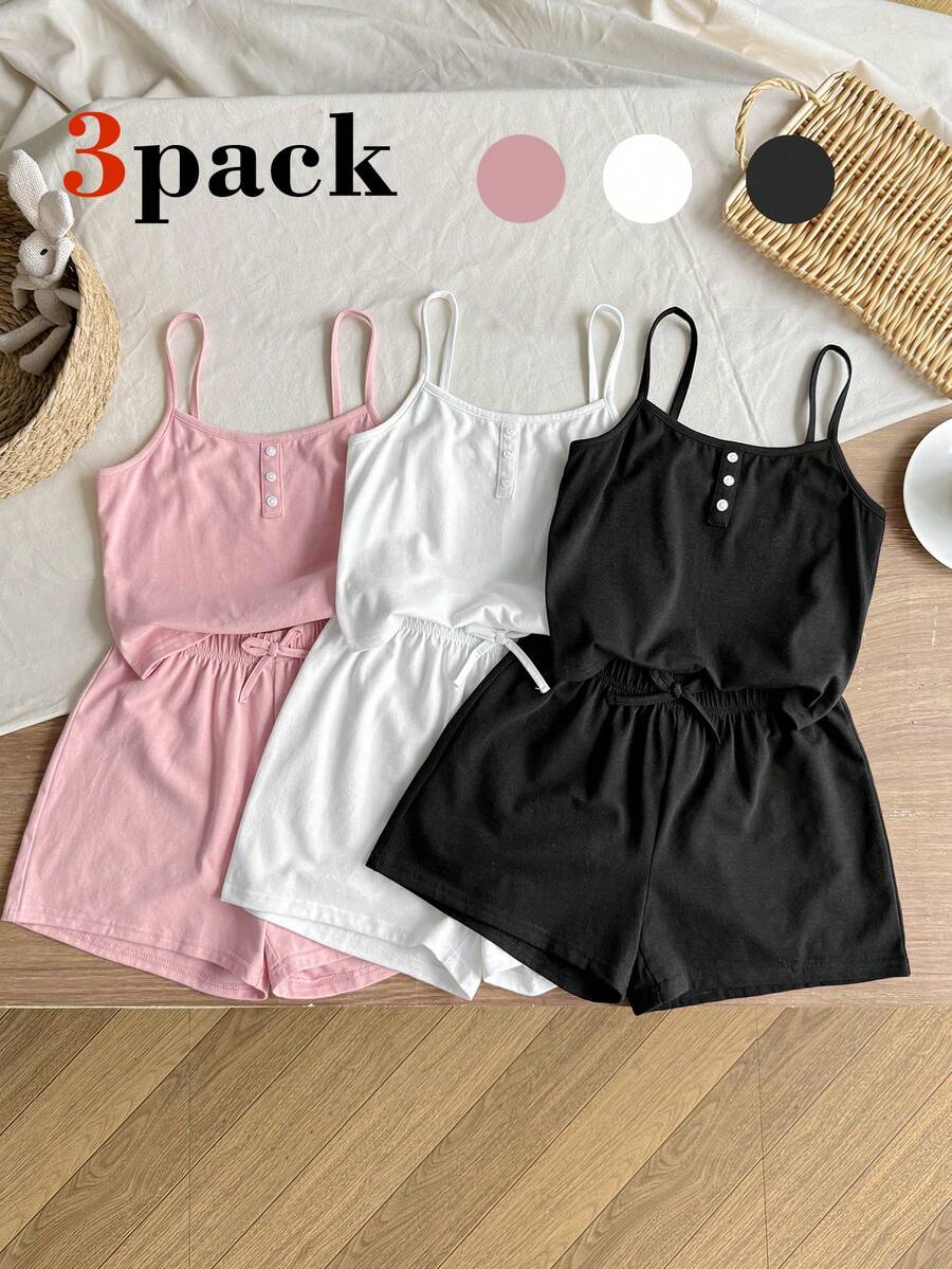 SHEIN 3件組 青少女夏季休閒日常通勤素色吊帶背心與短褲套裝 - 彩色 - 查看 1