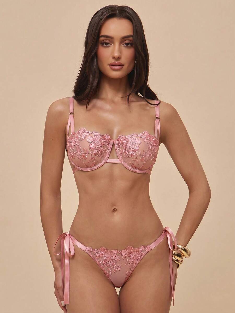 Silquee 2pcs Sky Blue Embroidered Lace-Up Lingerie Set For Women - Watermelon Pink - View 1