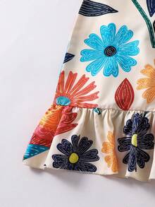 SHEIN Girls' Beige Tropical Beach Vacation Camisole Printed Dress,Vibrant Floral Loose A-Line Fit Ruffled Hem Breathable Fabric Spring Summer Outfit - Multicolor - View 6