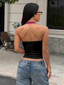 valorelle valorelle Women's Letter & Number Print Contrast Color Backless Halter Top - Black - View 2