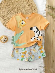 Cozy Pixies 2pcs Baby Boy Cartoon Animal Pattern Knit Soft Round Neck Short Sleeve Top And Elastic Waist Shorts Set - Multicolor - View 4