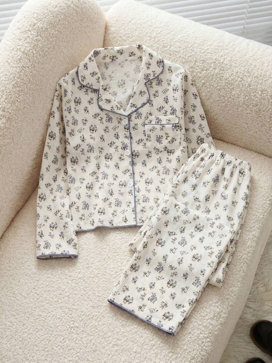 女学生睡衣,青春期女孩可爱樱桃印花长裤和长袖休闲两件套家居服套装 - 杏色 - 查看 1