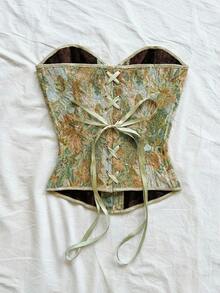 Soleia Áo croptop quây ngực kiểu cung đình cổ điển dành cho nữ, in họa tiết hoa jacquard nhiều màu sắc, có cúc và dây buộc phía sau. - màu xanh lá - Xem 2