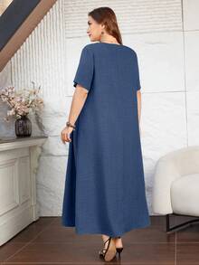 Lacomfia Plus Size Women Lace Patchwork Linen-Like Casual Everyday Dress - Blue - View 2