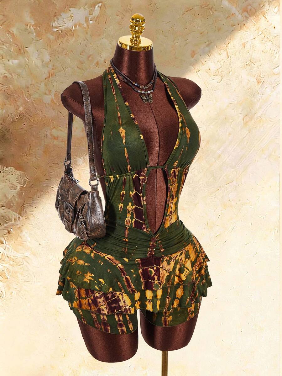 Amplova Mono de mujer con detalle de espalda descubierta, volantes en capas y bajo con volantes - Verde militar - Ver 1