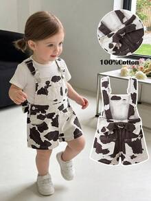 SHEIN Bộ quần yếm denim dáng rộng cho bé gái, họa tiết da bò và nơ lớn trang trí ở eo phía sau. - Màu be - Xem 1