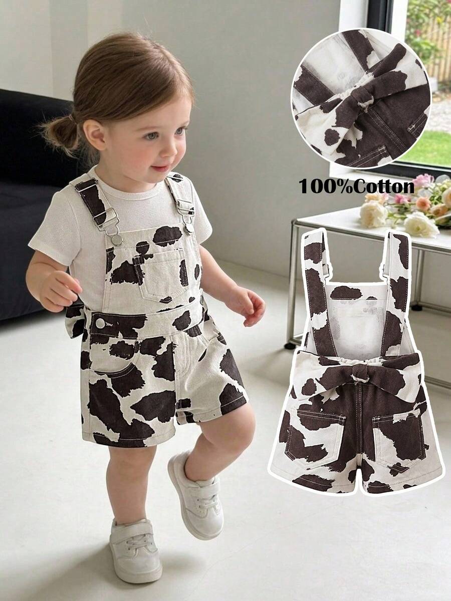 SHEIN Bộ quần yếm denim dáng rộng cho bé gái, họa tiết da bò và nơ lớn trang trí ở eo phía sau. - Màu be - Xem 1