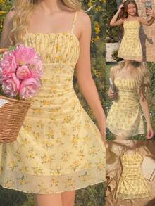 SHEIN Vestidos mini con estampado de flores para niña preadolescente, vestido camisero con espalda descubierta y fruncido, vestido de playa sin mangas con tirantes de espagueti - Amarillo - Ver 6