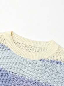 SHEIN Colorblock Rib-Knit Drop Shoulder Sweater,Long Sleeve Tops Knit Pullover Fall Winter Sweater - Baby Blue - View 8