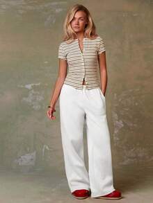 Athîral Damen gestreiftes Kurzarm-Casual-Top mit Einzelknopfleiste - Aprikosenfarben - Übersicht 4