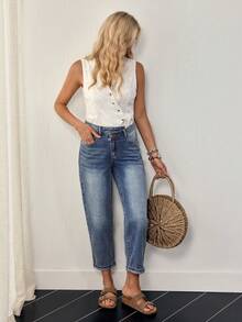 EMERY ROSE Women's Casual Washed Slant Pocket Denim Jeans, Summer - Blue - View 7