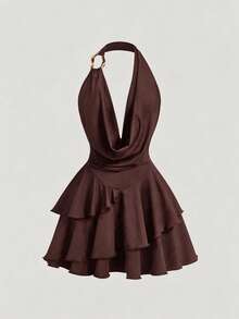 Bonvoyette Vestido de playa de unicolor con escote pronunciado, espalda descubierta y bajo con volantes para vacaciones - Café integral - Ver 4
