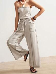 Bohemela Women's Minimalist Drawstring Waist Pocket Loose Knit Jumpsuit - Apricot - View 6