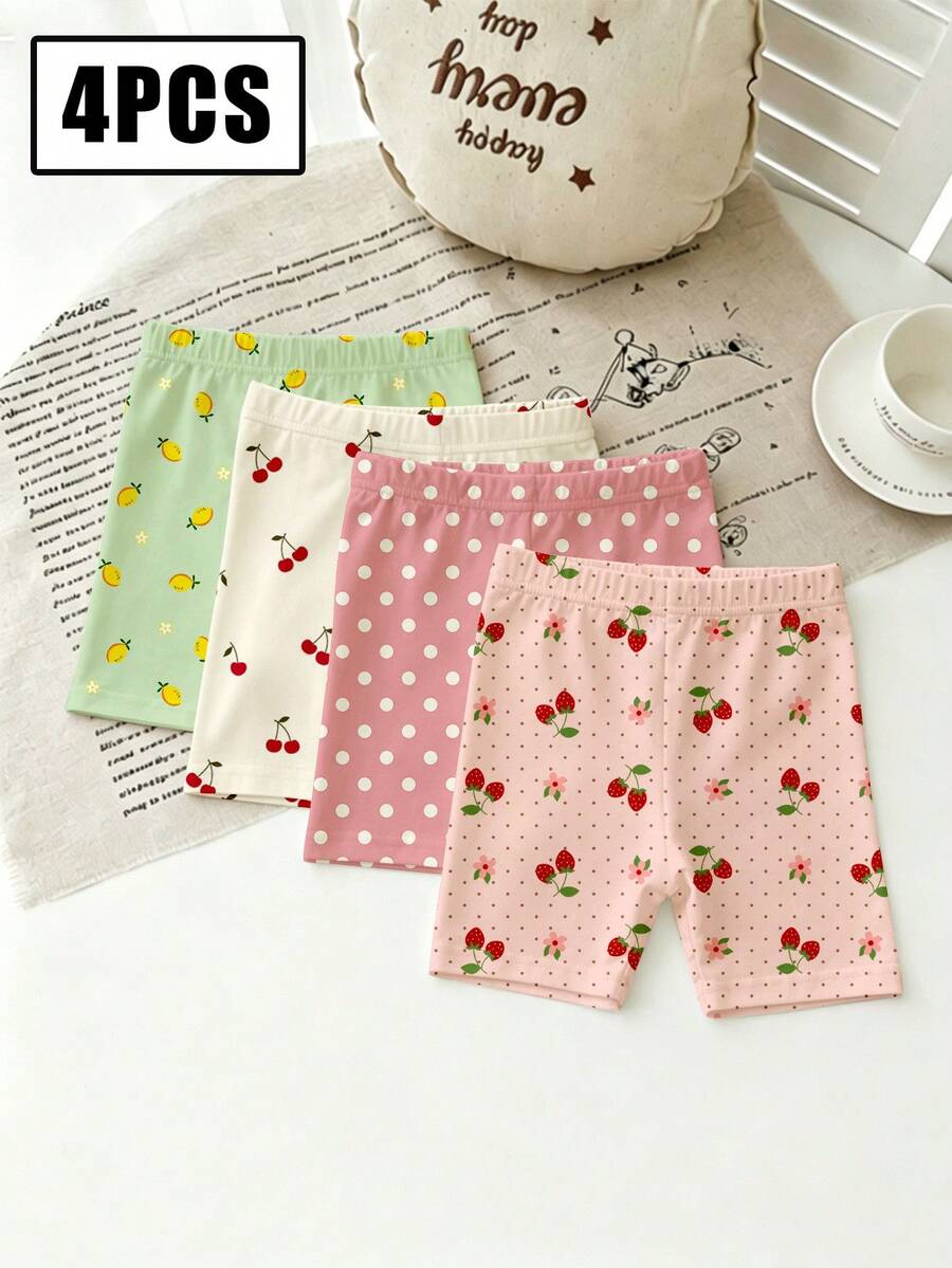 SHEIN Playful Pals 4条装女童水果印花柔软弹力短裤,包括柠檬、樱桃、波点、草莓款式,轻盈弹力面料,适合日常穿着、上学、外出、叠穿,春夏秋季皆宜。 - 彩色 - 查看 1