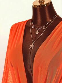 Amplova Robe femme à manches longues, col cache-cœur, manches évasées, dos nu, avec franges à l'ourlet, sexy et avant-gardiste - Orange - Voir 11