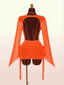 Amplova Robe femme à manches longues, col cache-cœur, manches évasées, dos nu, avec franges à l'ourlet, sexy et avant-gardiste - Orange - Voir 12
