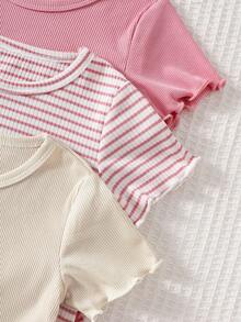 SHEIN 3套6件組女嬰可愛粉色/米色/白色羅紋條紋短袖T恤上衣短褲套裝，柔軟薄款夏季陽光沙灘玩樂時尚款 - 彩色 - 查看 5
