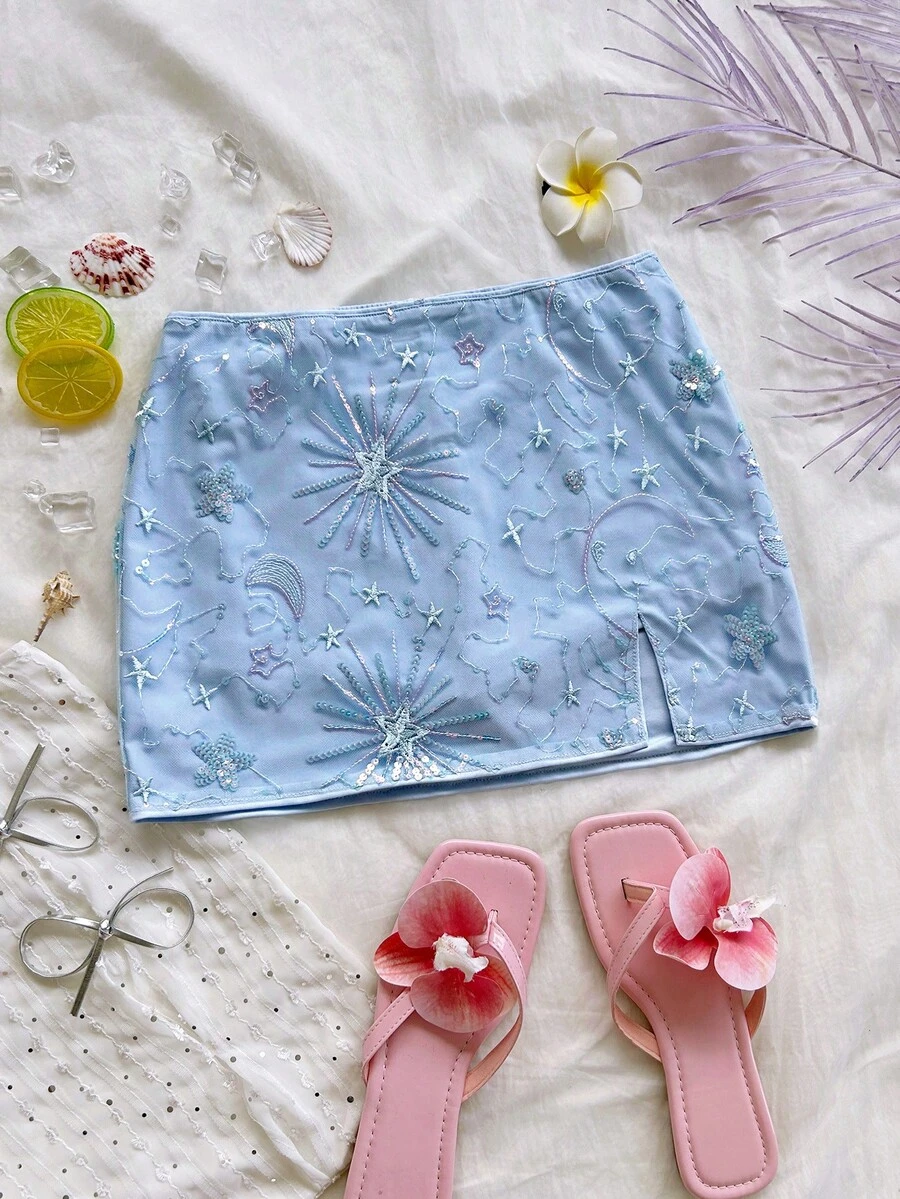 Soleia 女士刺绣亮片开衩下摆度假半身裙,沙滩 - 藍色 - 查看 1