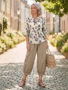 EMERY ROSE Middle-Aged & Elderly Women's Floral Print Shirt And Solid Color Pants Set - Multicolor - View 5