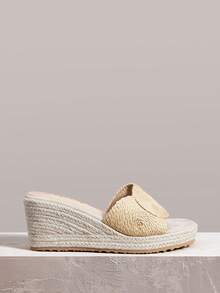 Styleloop Giày nữ, màu nâu nhạt, giày rơm đan rỗng bằng dây gai dầu, dép đế xuồng, giày bohemian giúp tăng chiều cao cho kỳ nghỉ. - Màu be - Xem 5