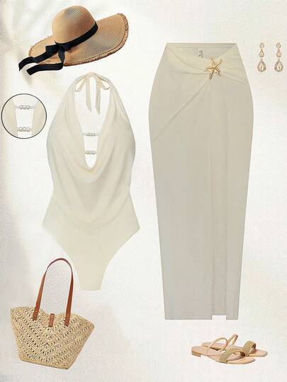 Swim Oasis Plus Size Women's Solid White 2-Piece Set, 2026 New Arrival, Fashionable Vacation & Casual Wear, Slimming, Deep V-Neck, Pearl Bead & Metal Starfish Decor, Long High-Waist Skirt & Swimsuit, Elegant Set