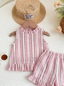 LMoss Kids Set de 2 piezas de chaleco y pantalones cortos de punto de unicolor con cuello redondo y ribete de volantes para bebé niña - Multicolor - Ver 4