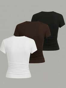 EMERY ROSE 3 st damer casual vardags pendling minimalistiska enfärgade rynkade t-shirts med kort ärm - Multifärgad - Visa 2