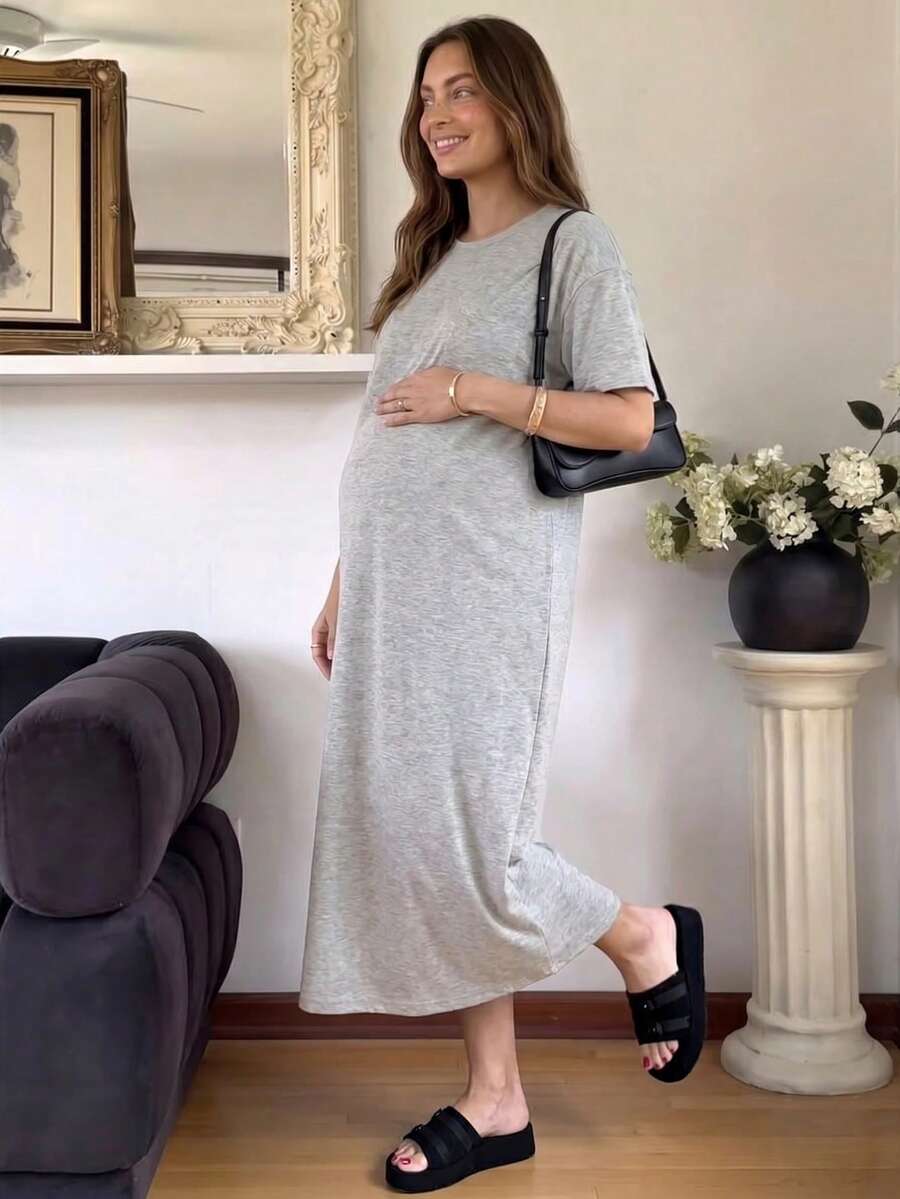 Slowluna 孕婦休閒日常通勤素色寬鬆落肩T恤洋裝 - 淺灰色 - 查看 1