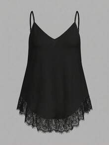 SHEIN EZwear 大码女式时尚蕾丝拼接V领吊带背心 - 黑與白 - 查看 3