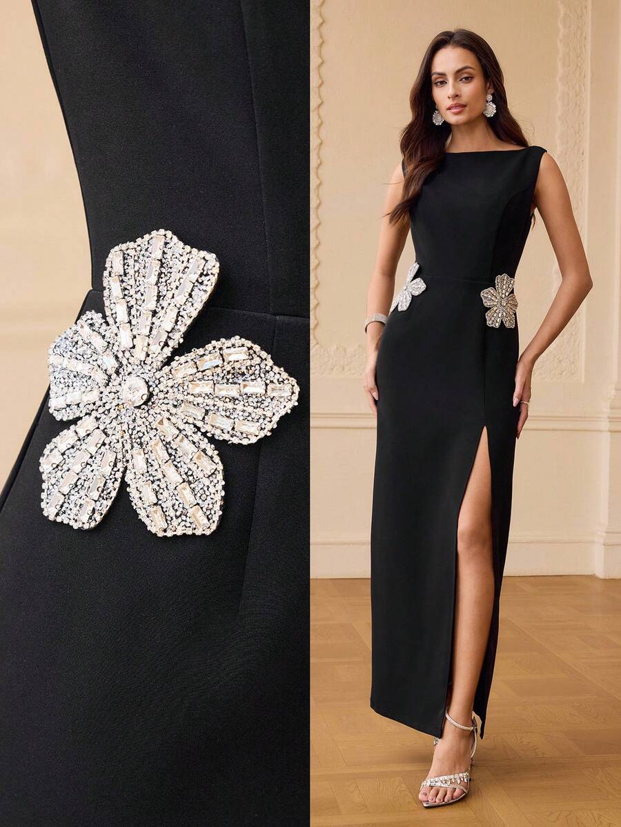 ZEYLAH VESTIDO HECHO A MANO CON ESCOTE DE BARCO EMBELLECIDO CON diamante de imitación Y ABERTURA - Negro - Ver 1