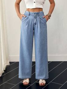 EMERY ROSE Quần jeans ống rộng xếp ly gập gấu dáng casual thường ngày dành cho nữ, chất liệu wash. - Màu xanh lam - Xem 1