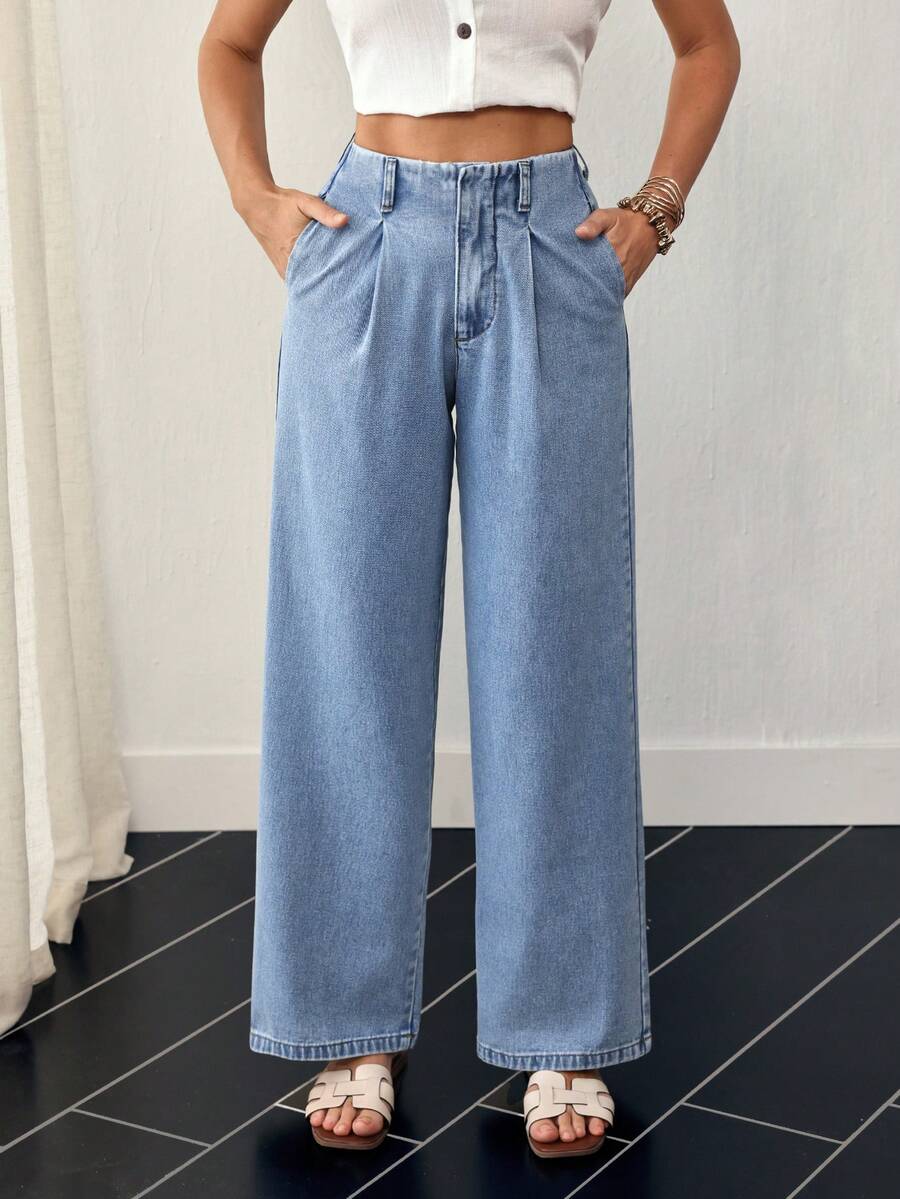 EMERY ROSE Quần jeans ống rộng xếp ly gập gấu dáng casual thường ngày dành cho nữ, chất liệu wash. - Màu xanh lam - Xem 1